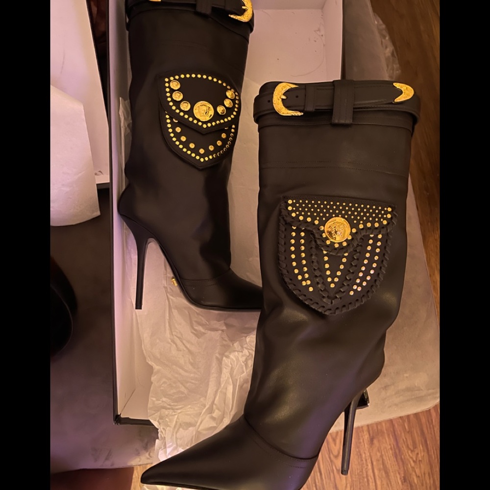 Black Leather Versace Boots with Good Buttons